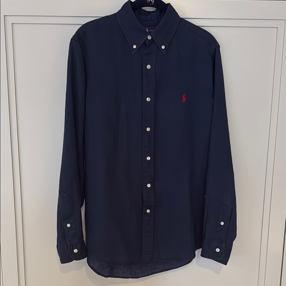 Ralph Lauren Blue Casual Linen Button Down Shirt with Embroidered Logo
